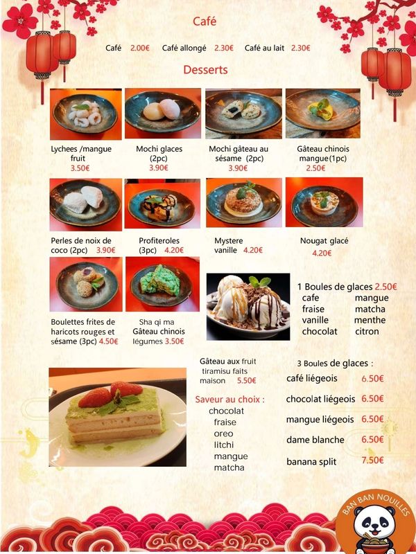 Menu of café and Asian-inspired desserts with prices in euros.
