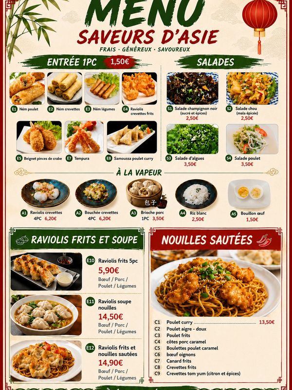Menu Saveurs d'Asie featuring Asian appetizers, salads, steamed dishes, fried ravioli, and sautéed noodles.