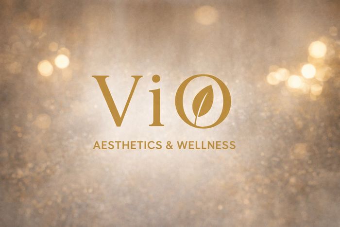 Logo for Vio Aesthetics & Wellness with a leaf design inside the letter O.