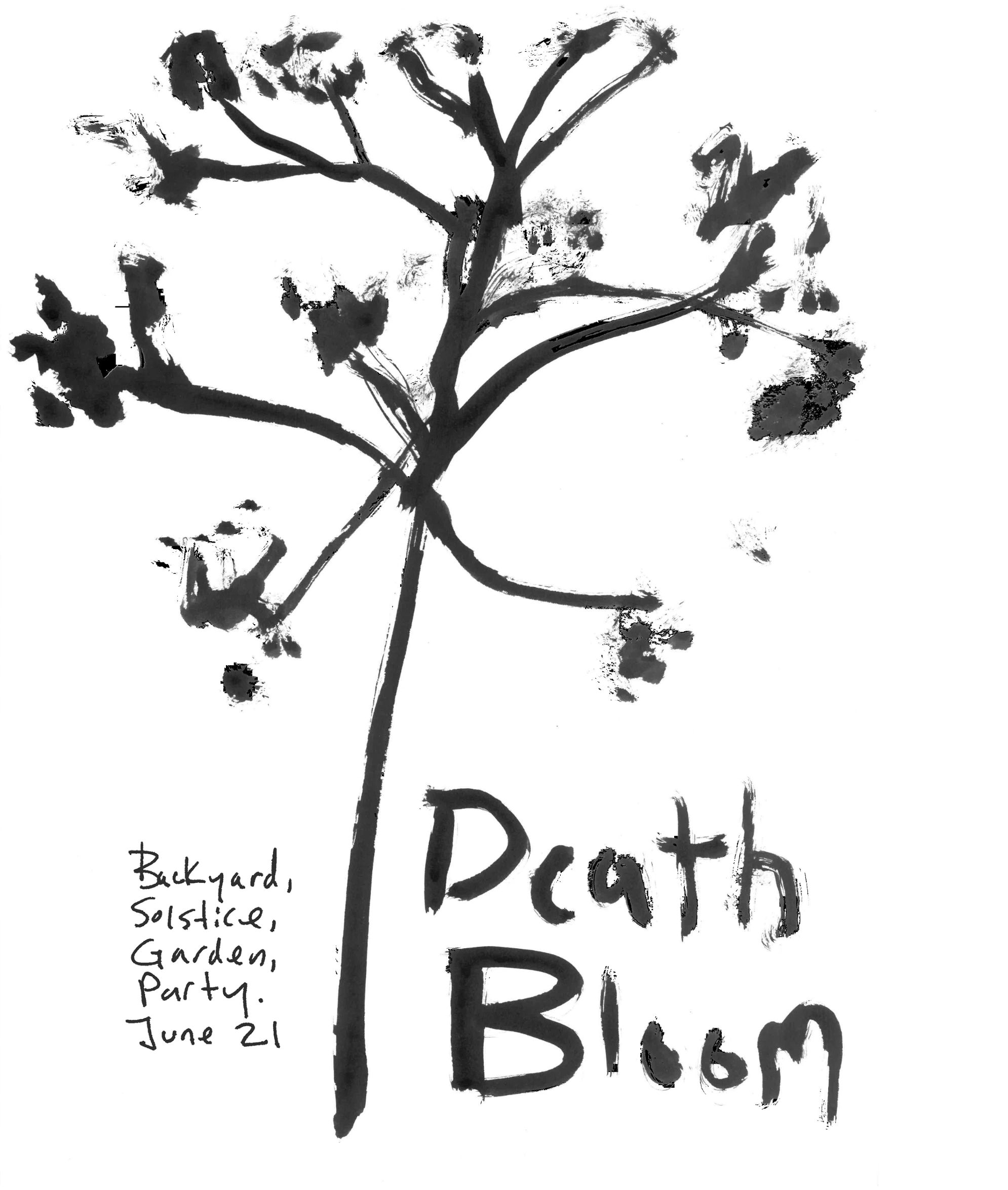 Abstract black ink tree with handwritten text about a garden party.