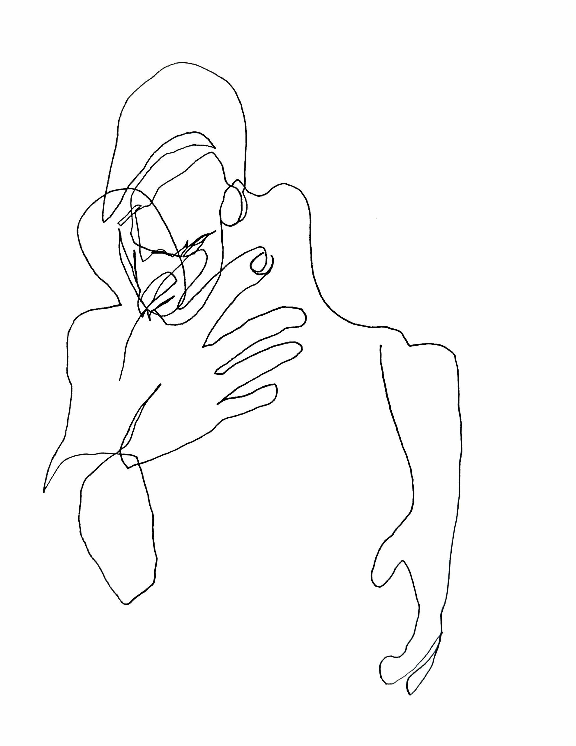 Abstract continuous line drawing of a woman with hand near face.