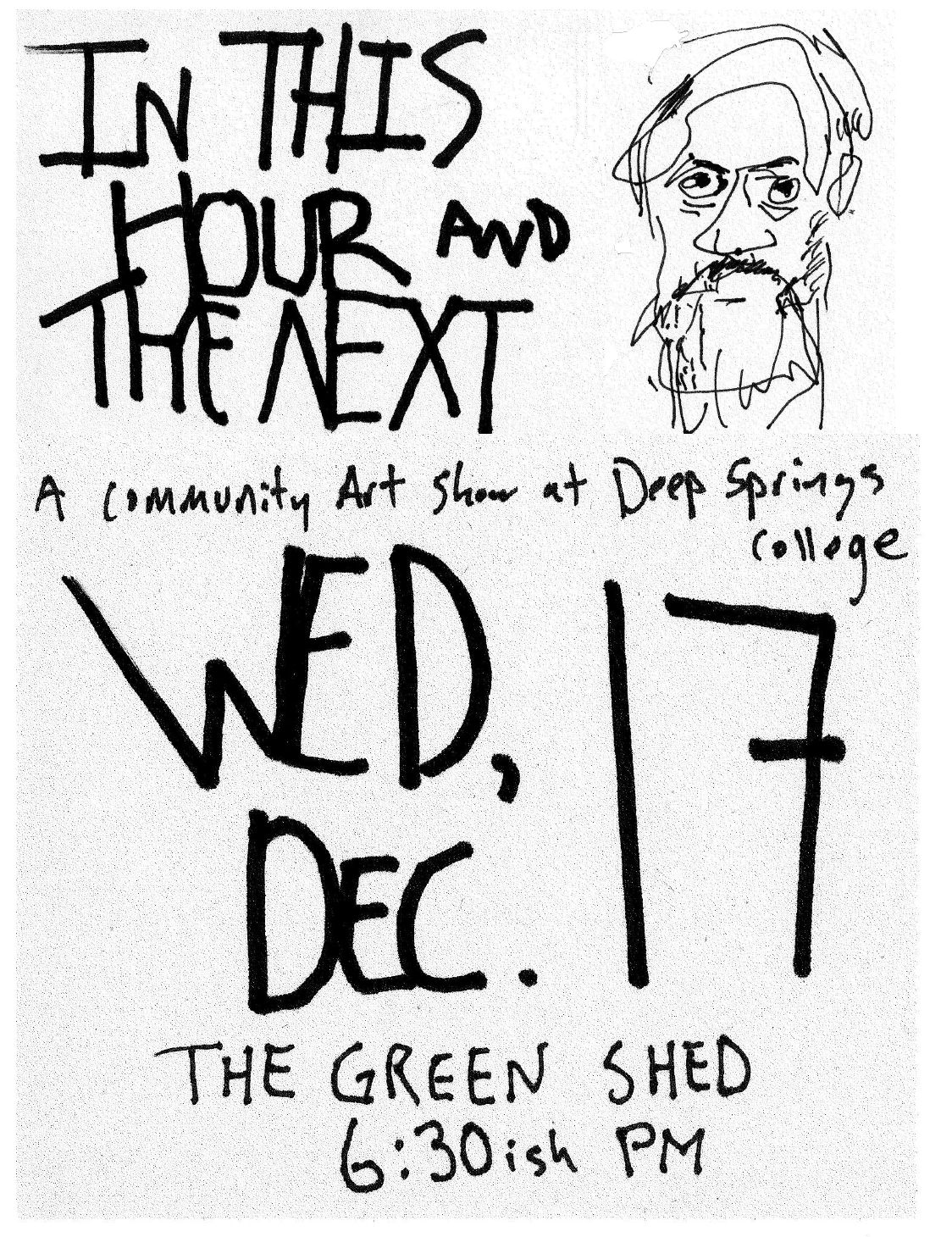 Handwritten poster for a community art show on Wed, Dec. 17.