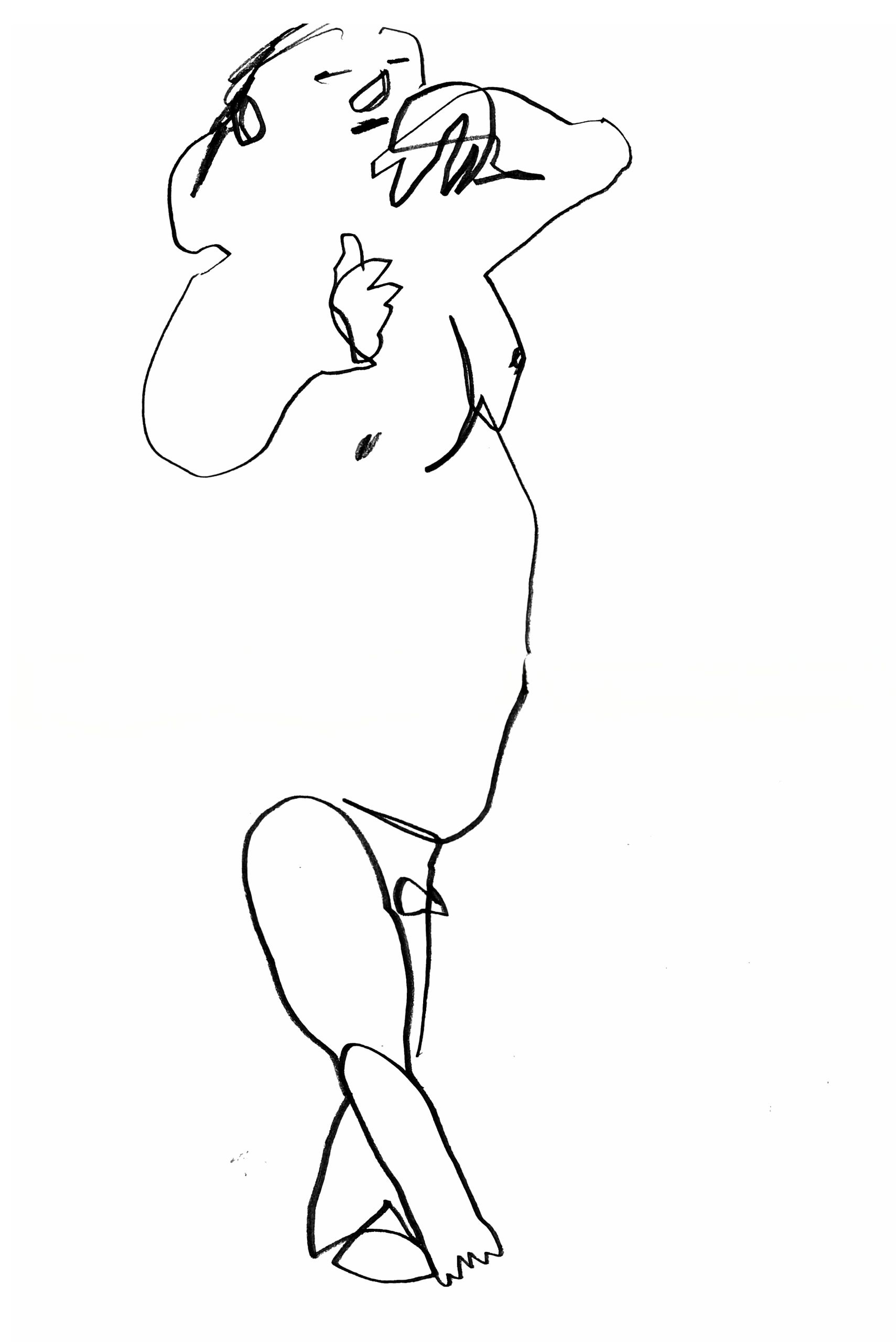 Abstract line drawing of a person in a dynamic pose.