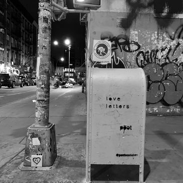 love letters on on usps relay box in lower east side, nyc