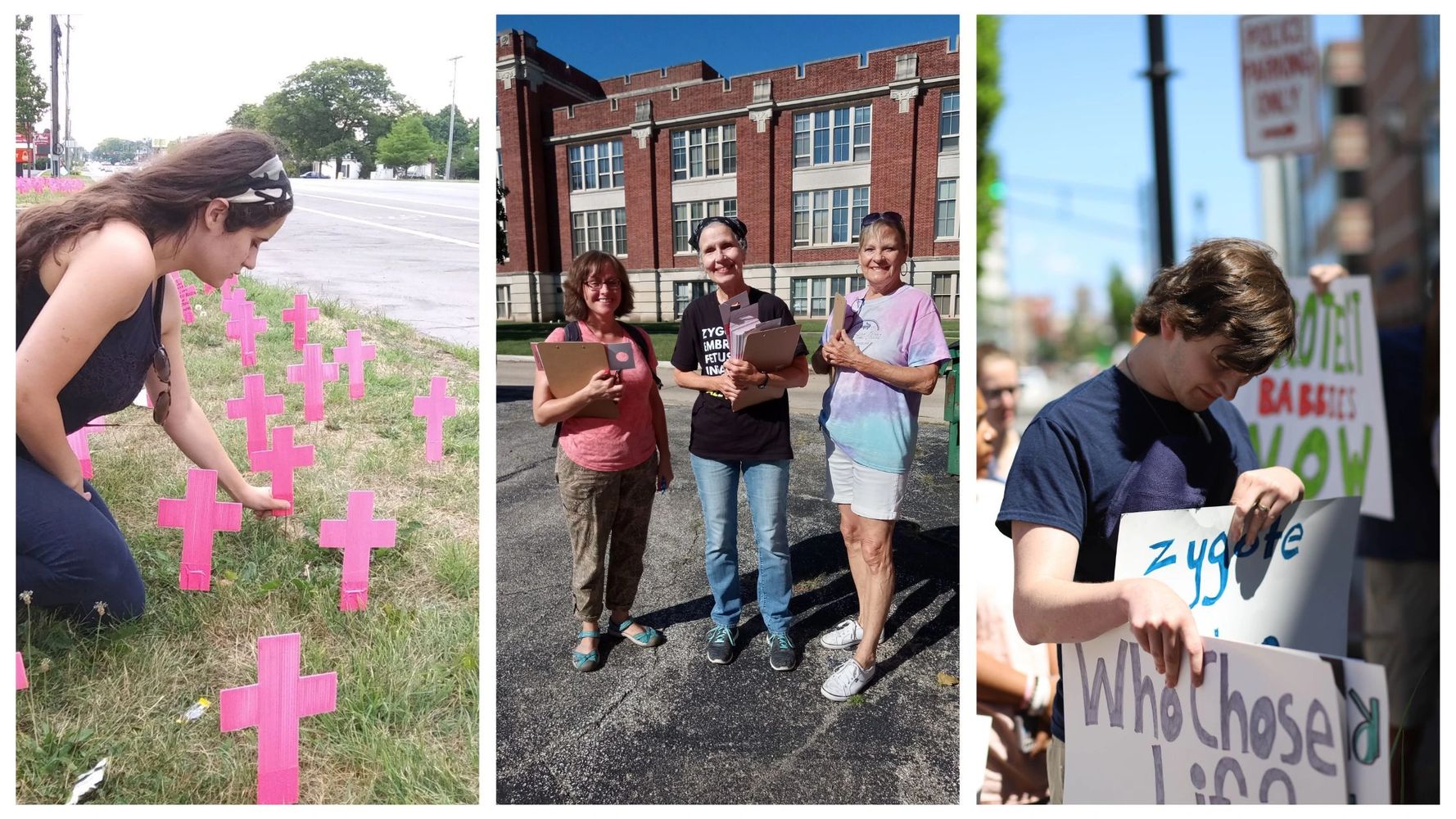 Pro-life men and women volunteering, holding prolife signs, and volunteering for door to door.