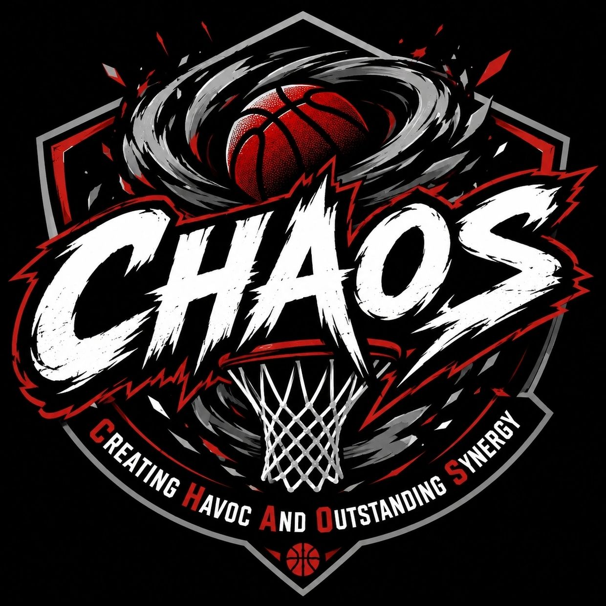 Dynamic basketball logo with the word CHAOS and a swirling basketball graphic.