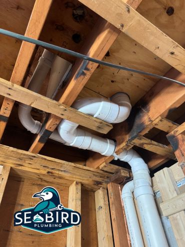 White PVC plumbing pipes installed in wooden ceiling beams.