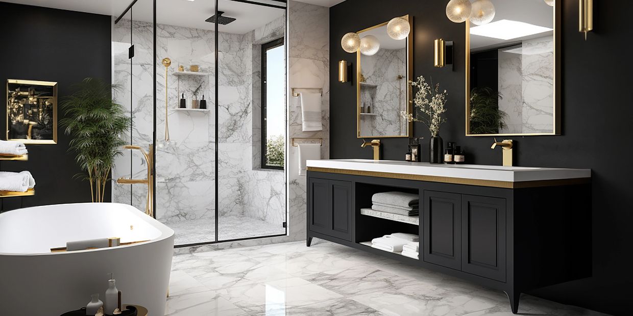 Modern style bathroom with glassed in marble shower, black double sink cabinet with gold faucets, fr