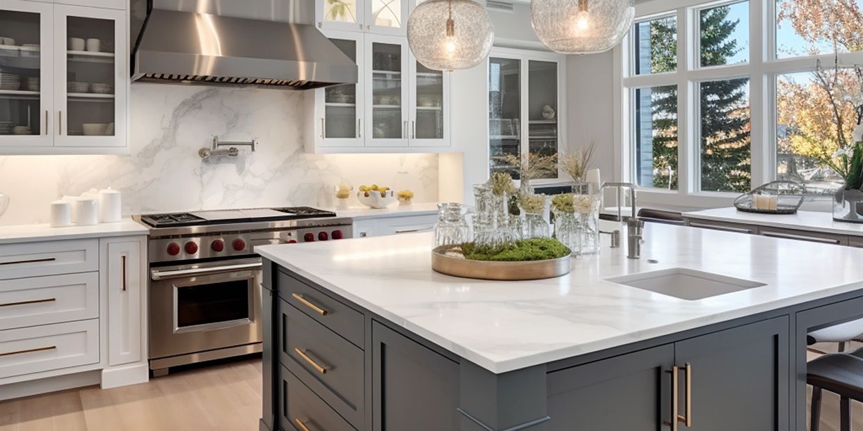 Kitchen with stainless steel range and hood, white cabinets, and white marble topped grey island wit