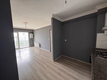 Empty modern apartment with grey walls and light wooden flooring.