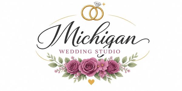 Elegant Michigan Wedding Studio logo with roses and rings.