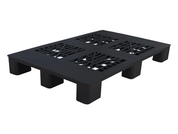 Black plastic pallet with a grid top and nine legs for support.