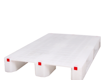 A white plastic pallet with red markings on the corners.