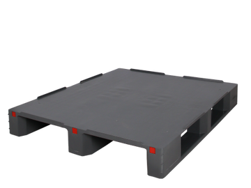 A gray plastic pallet with open sides and red markings.