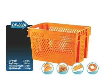 Orange plastic basket with ventilation holes, model DP-80/A.