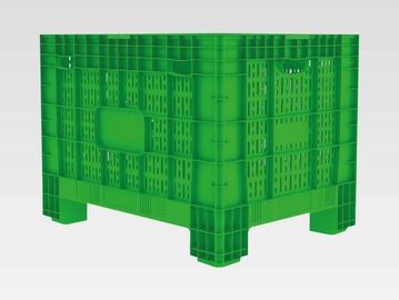 Green plastic crate with ventilation holes and sturdy legs.