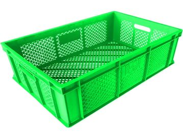 Green plastic storage crate with ventilation holes.