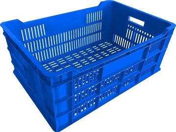 Blue plastic crate with ventilation holes for storage or transport.