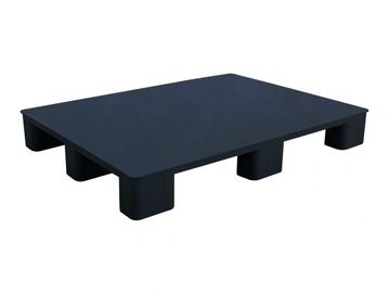 Black plastic pallet with six legs for heavy loads.