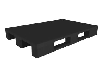 Black plastic pallet with multiple openings for forklifts.