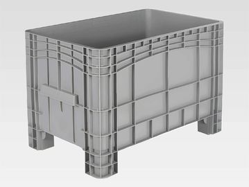 Gray plastic storage container with reinforced sides and legs.