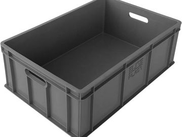 A large gray plastic storage bin with handles on the sides.
