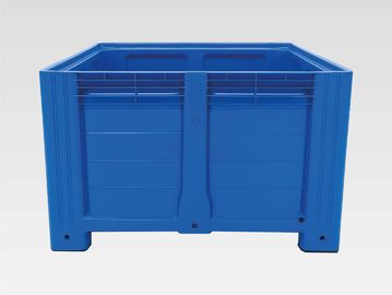 A large blue plastic storage container with reinforced sides.