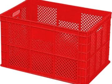 Red plastic storage crate with ventilation holes.