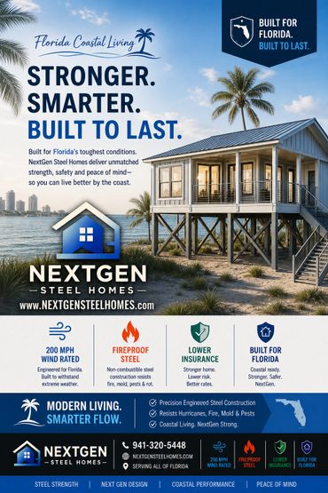 Advertisement for NextGen Steel Homes built for Florida's coastal living with strong, fireproof, and insurance-saving features.