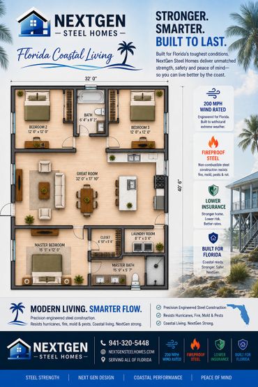 Floor plan of a 3-bedroom, 2-bath steel home designed for Florida coastal living.