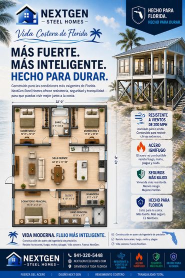 Plano y promoción de casas NextGen Steel Homes, resistentes y diseñadas para Florida.
