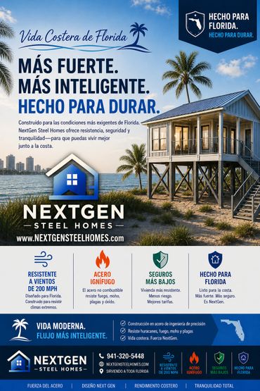An advertisement for NextGen Steel Homes highlighting durability and safety for Florida coastal living.