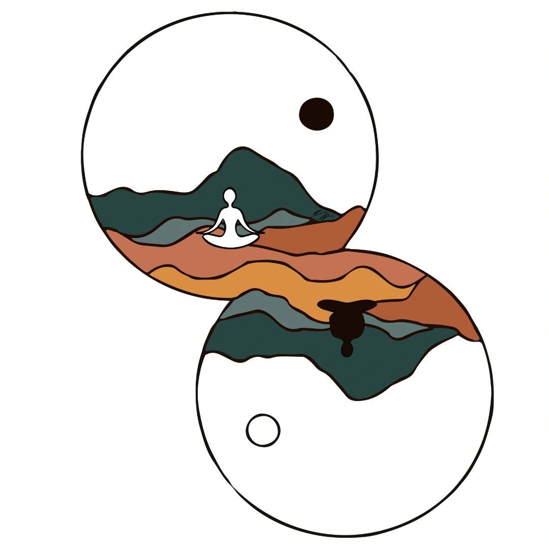 Yin-yang inspired art with meditating figure and landscape.