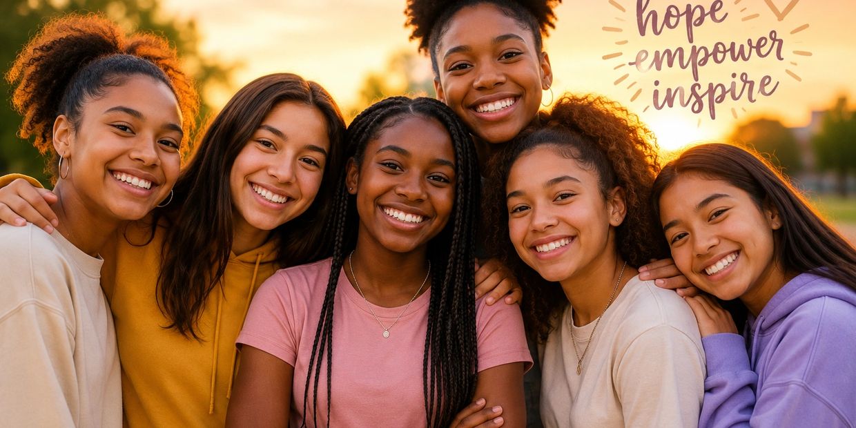 A group of six diverse young women smiling together outdoors at sunset.