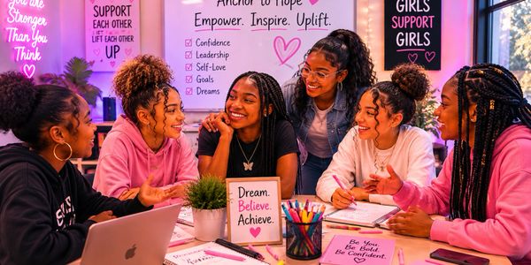 A group of diverse young women supporting and empowering each other in a vibrant study setting.