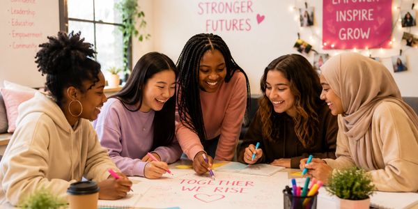Diverse group of young women collaborating on a positive message poster.