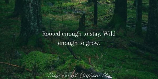 A dense forest with a quote about growth and staying rooted.