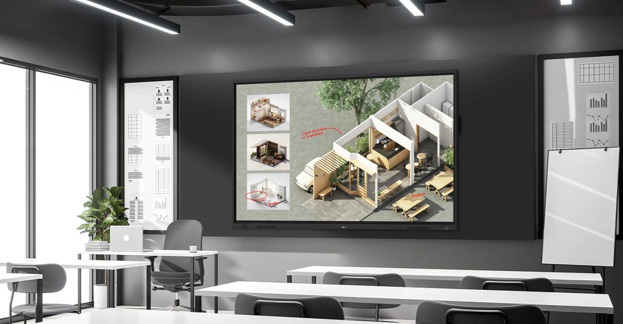 Modern conference room with architectural design displayed on a large screen.