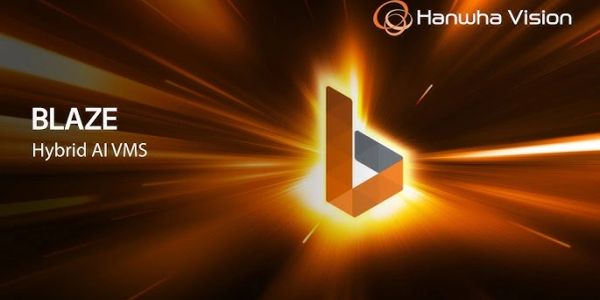 Hanwha Vision Blaze Hybrid AI VMS logo with fiery background.