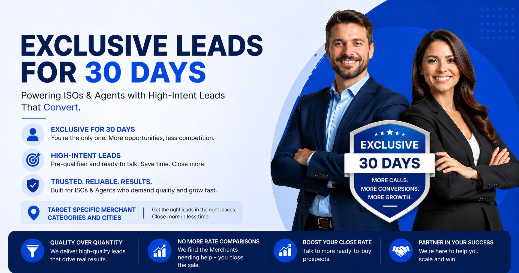 Exclusive 30 Days high-intent leads, targeted merchant categories / cities, and improved close rates