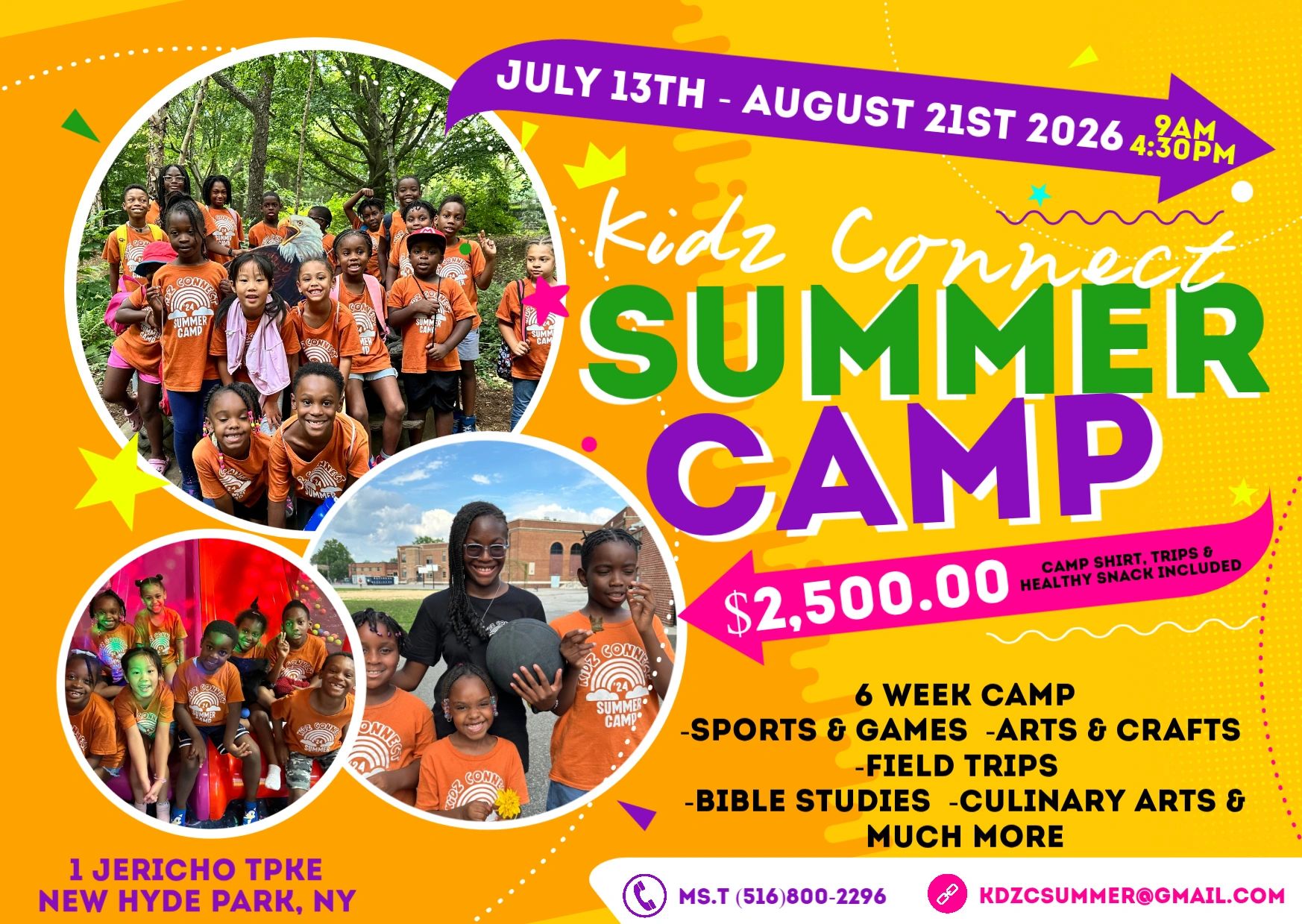 Colorful flyer for Kidz Connect Summer Camp with kids in orange shirts and camp details.