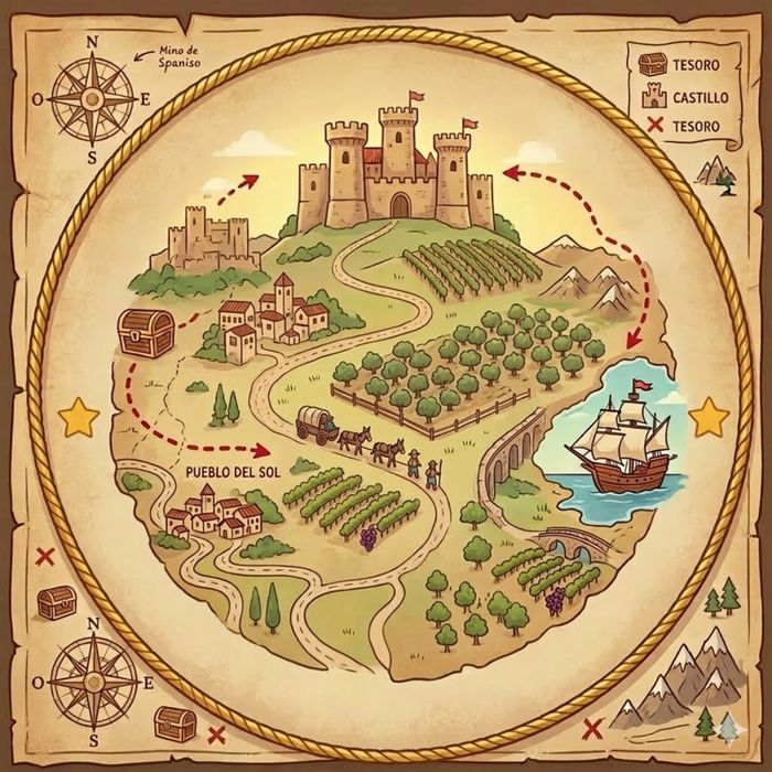 A circular vintage-style treasure map for Luna and Estrella's Spanish Adventure. The illustration shows a lush island with a castle, farm fields, and a sailing ship, designed in warm parchment tones with an ornate border.