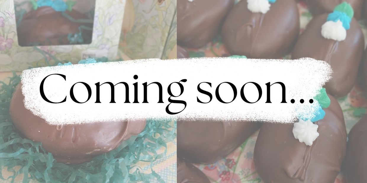 Chocolate-covered treats with colorful icing, labeled as coming soon.