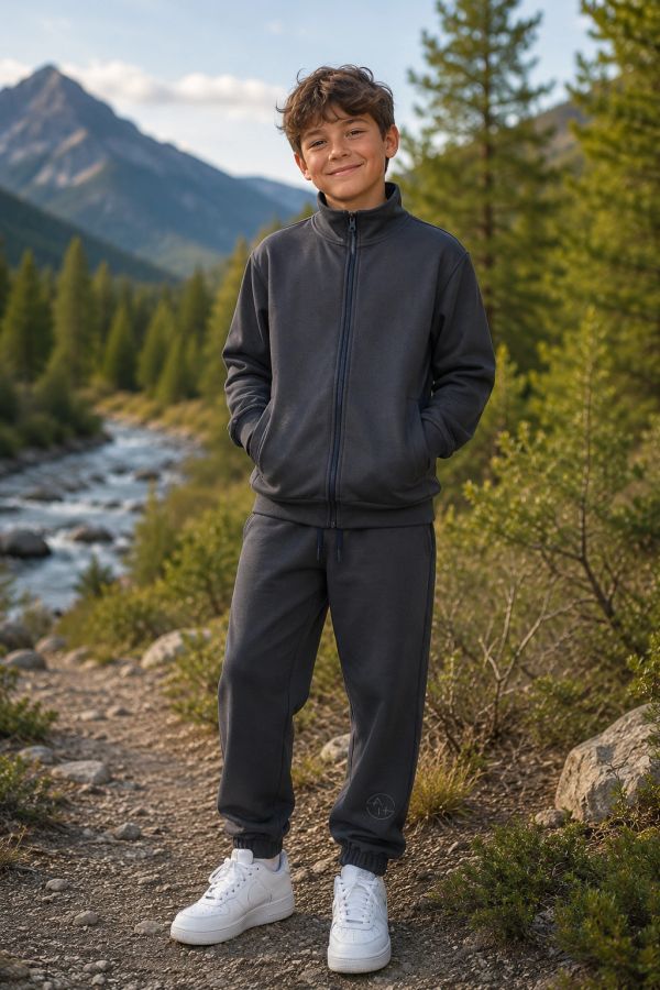Boy in a dark tracksuit stands on a forest path.