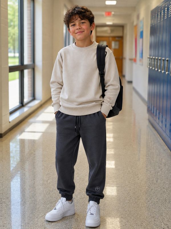 Boy standing in a school hallway with backpack.