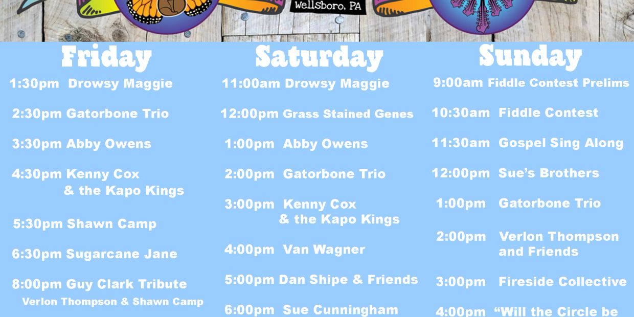 Three-day music festival schedule with performances from Friday to Sunday in Wellsboro, PA.