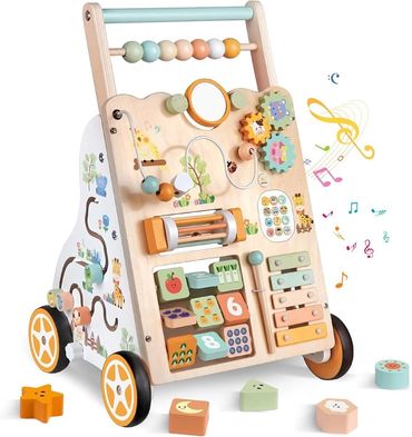 Wooden baby walker with Montessori gears, beads, shapes and musical toys for toddler learning.