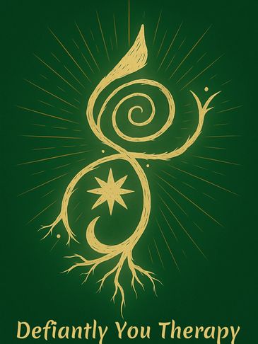 Golden abstract symbol with star and spiral on green background, captioned 'Defiantly You Therapy'. Symbol created/designed by founder, Robyn Chaffee.