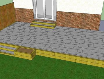 3D design of a backyard patio with steps and planters around a stone-tiled area.