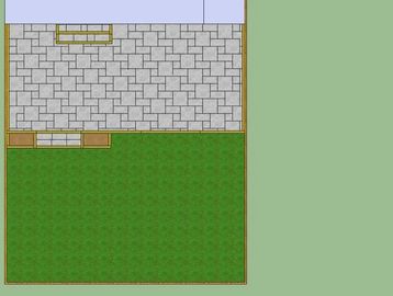 Top-down view of a backyard with patio and grass area.